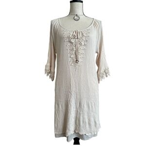 Naïf Cream Gauzy Boho Tunic Dress with Lace Trim, Size Large